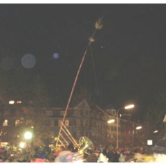 Erstes Nacht-Narrenbaumstellen auf dem Gottmannplatz. Der Baum bewegt sich nach oben.