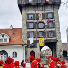 Rosenmontag: Die Clowngruppe vor dem Rheintorturm.